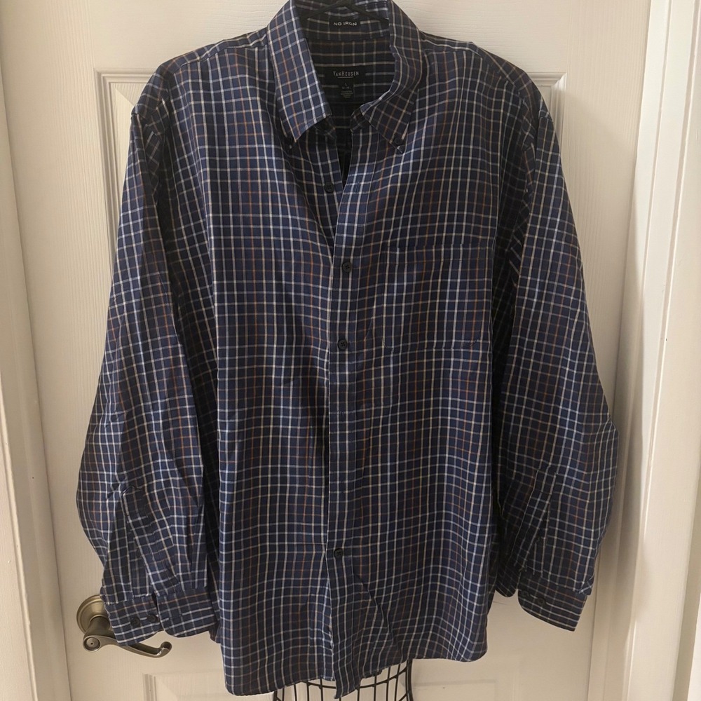 Van Heusen Mens L 16-16.5 Navy Plaid No Iron Long Sleeve Button Down Shirt